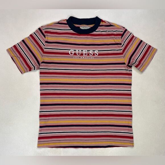 Guess Stripes Logo Embroidered T-shirt Men XS Oversized Pink Multicolor - Picture 1 of 5